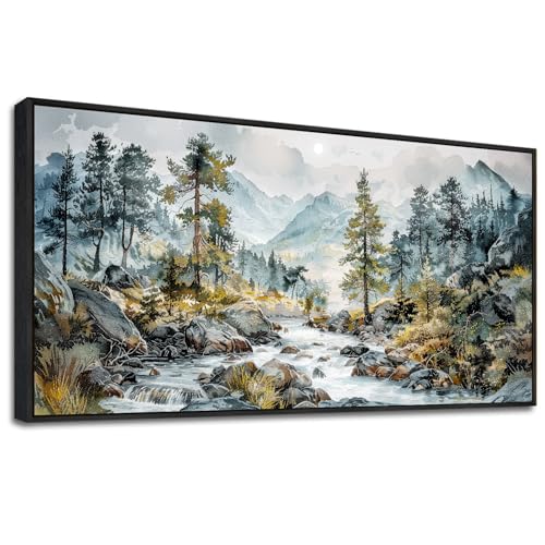 Large Canvas Printing Pictures Artwork Wall Art For Bedroom Wall Decor For Living Room Office Rivulet View Painting Forest Tree Landscape Restaurant Mural Home Decor 20x40 In Black Framed