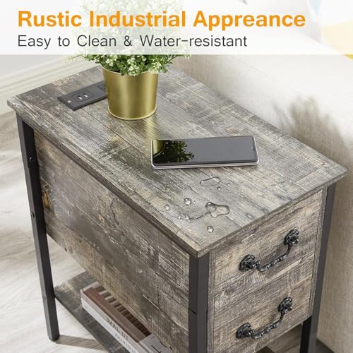End Tables Narrow Nightstands with Charging Station & USB Ports &Drawers
