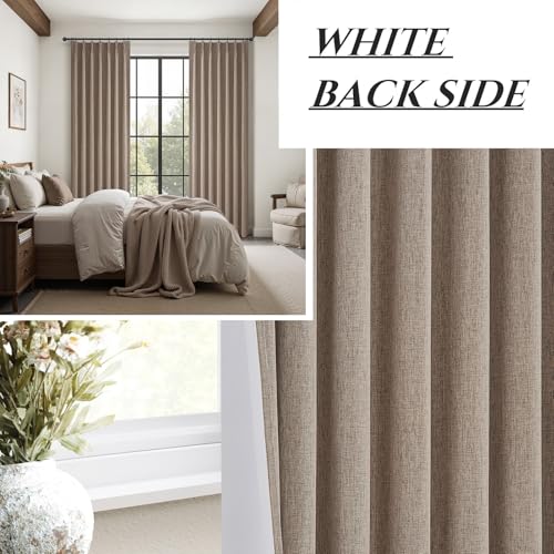 Dark Flax Linen Pinch Pleated Curtains 102 Inches Long Heavy Duty Thermal Insulated Extra length Burg for Dining Room Cottage Total Blackout 48 (2 Count)