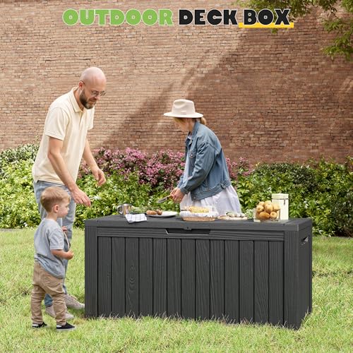 Deck Box 82 Gallon Resin Indoor and Outdoor Storage Box Waterproof for Garden Tools