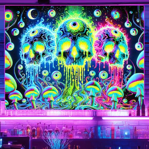 Blacklight Tapestry Skull Cosmic Room Wall Art 78 x 59 Inch