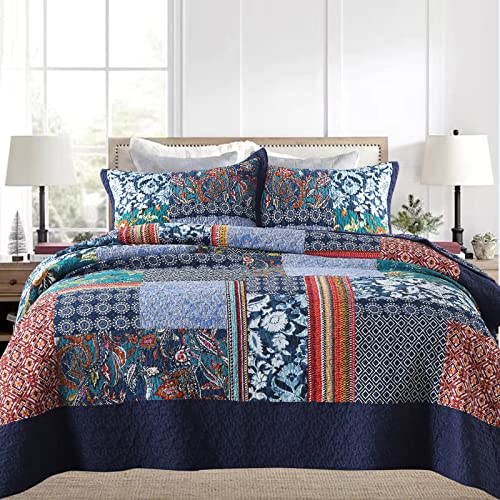 King Quilt Set Reversible Lightweight Bohemian Paisley Patchwork Cotton Quilted Bedspread Coverlet Set 3