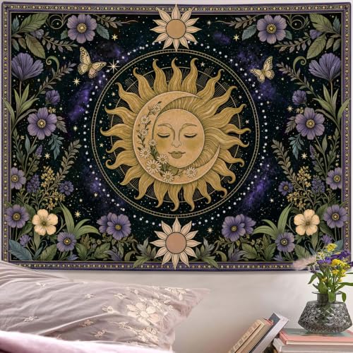 Boho Vintage Sun and Moon Hippie Purple Floral Tapestry 80 x 60 Inch
