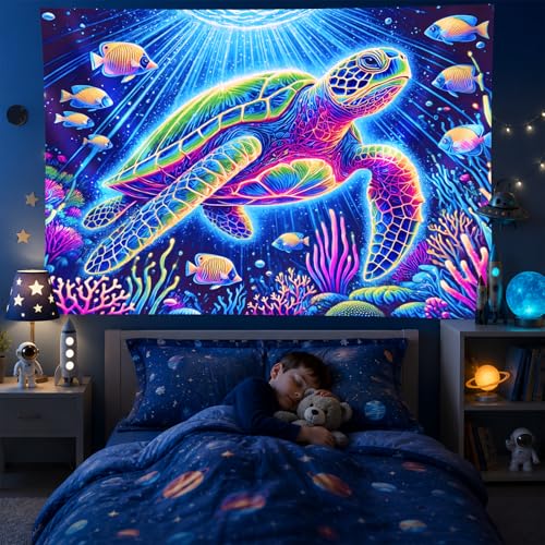 Blacklight Tapestry Sea Turtle Wall Hanging 78 x 59 Inch