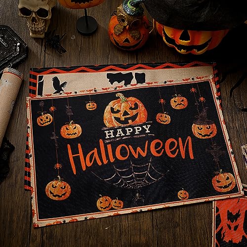6 Pcs Halloween Placemats 12"x18" Gothic Bat Placemats Kitchen Decoration Washable Witch Place Mats Rectangle Skull Table Mats for Halloween Dining Table Accessories