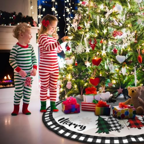 Christmas Tree Skirt 48inch Black and White Plaid Rustic Decor