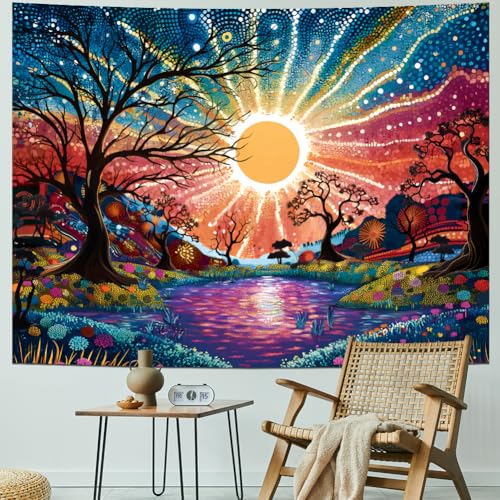 Tree of Life Tapestry Trippy Sun Forest Tapestries Colorful Starry Sky Tapestries Hippie Nature Landscape Wall Tapestry Aesthetic Vintage Wall Hanging for Living Room Bedroom