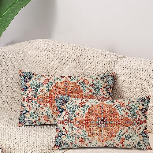 Outdoor Waterproof Pillow Covers 12X20 Inch Set of 2 Bohemian Vintage Carpet Pattern Pillow Covers Brown Blue Ethnic Design Decorative for Couch Garden Balcony (7 Count)