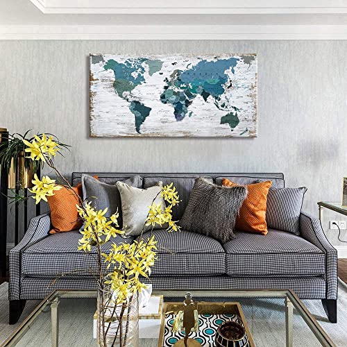 Teal Decor World Map Canvas Art Pictures for Living Room Wall Decoration Blue Wall Decor Office World Map Art Picture Framed Artwork for Home Bedroom Decoration 24"x48"