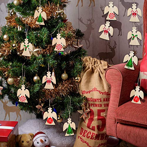 60 Pieces Christmas Wooden Ornaments 3.5" Round Wood Slices Snowflake Angel Shape with Cords for DIY Crafts New Year Christmas Tree Pendant Ornaments