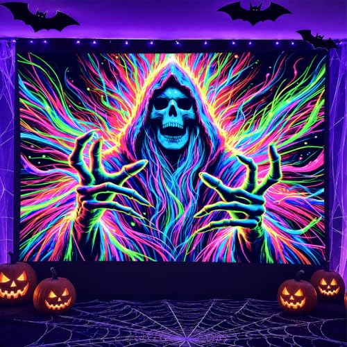 Blacklight Tapestry Hooded Skeleton Wall Hanging 78 x 59 Inch