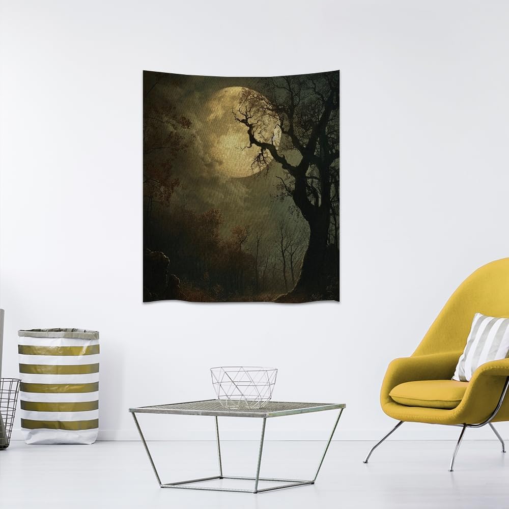 Moon Tapestry Halloween wall Decor Vintage Dark Academia Bedroom Tapestries Retro Art Aesthetic Wall Tapestry for Bedroom Dorm Living Room white