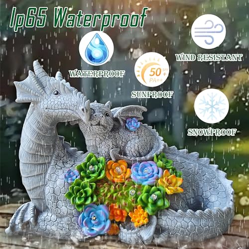 Dragon Solar Garden Statues Outdoor Decoration with Succulent and 6 LED Lights