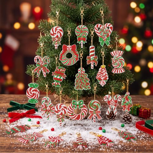 20 Pcs Christmas Candy Diamond Painting Keychain Kits 5D DIY Diamond Art Pendants Double Sided Hanging Key Chains for Christmas Party Decoration DIY (20 Count)