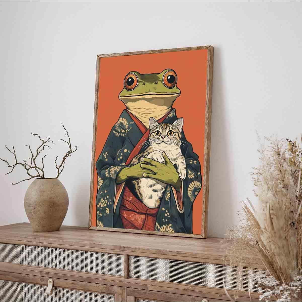 Japanese Frog Wall Art Funny Frog Posters Cute Cat Poster Japanese Cat Poster Funny Animal Wall Art Retro Animal Prints Whimsical Prints Aesthetics Vintage Abstract Painting Decor 16x24inch No Frame