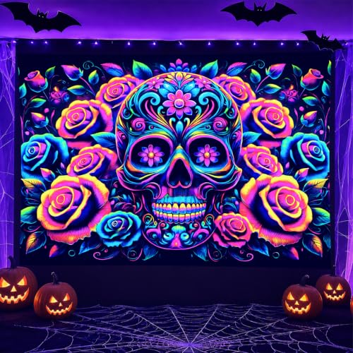 Blacklight Tapestry Floral Skull Bedroom Decor 78 x 59 Inch