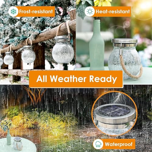 4 Pack Gifts for Him Her Solar Lanterns Outdoor Waterproof Heavy Crackle Glass 30 LED Warm Firefly Lights Solar for Women Mom Grandma Outdoor Table Lamps Garden Yard Decor (4 Count)