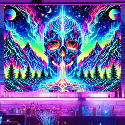 Blacklight Tapestry Skull Mountain Neon Wall Art 78 x 59 Inch