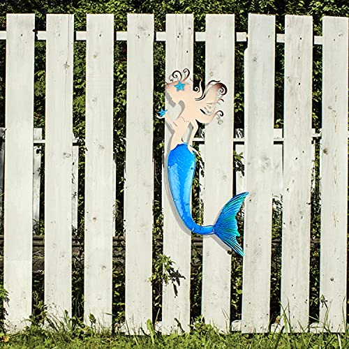 Mermaid Wall Decor Outdoor Metal Fish Bathroom Hanging Art Glass Blue Ocean Theme Decorations for Home