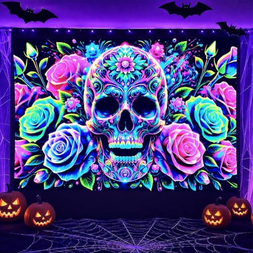 Blacklight Tapestry Floral Skull Room Decor 78 x 59 Inch