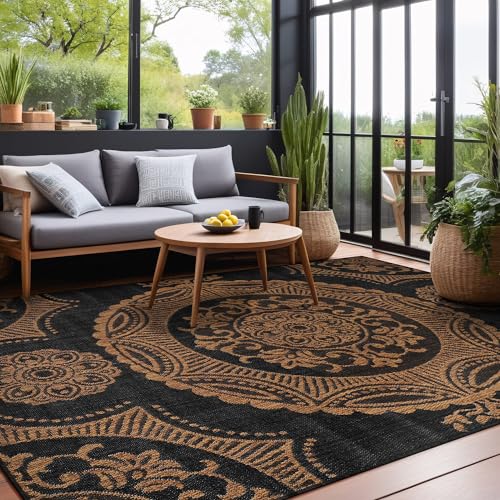 Medallion Outdoor Rug 5x7 Washable Outside Carpet for Indoor Patio Porch Waterproof Easy Cleaning Non Shedding Area Rugs Nut Brown 5 x 7