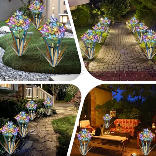 Solar Metal Agave Butterfly Flower Stick Garden Sculpture (2 Count)