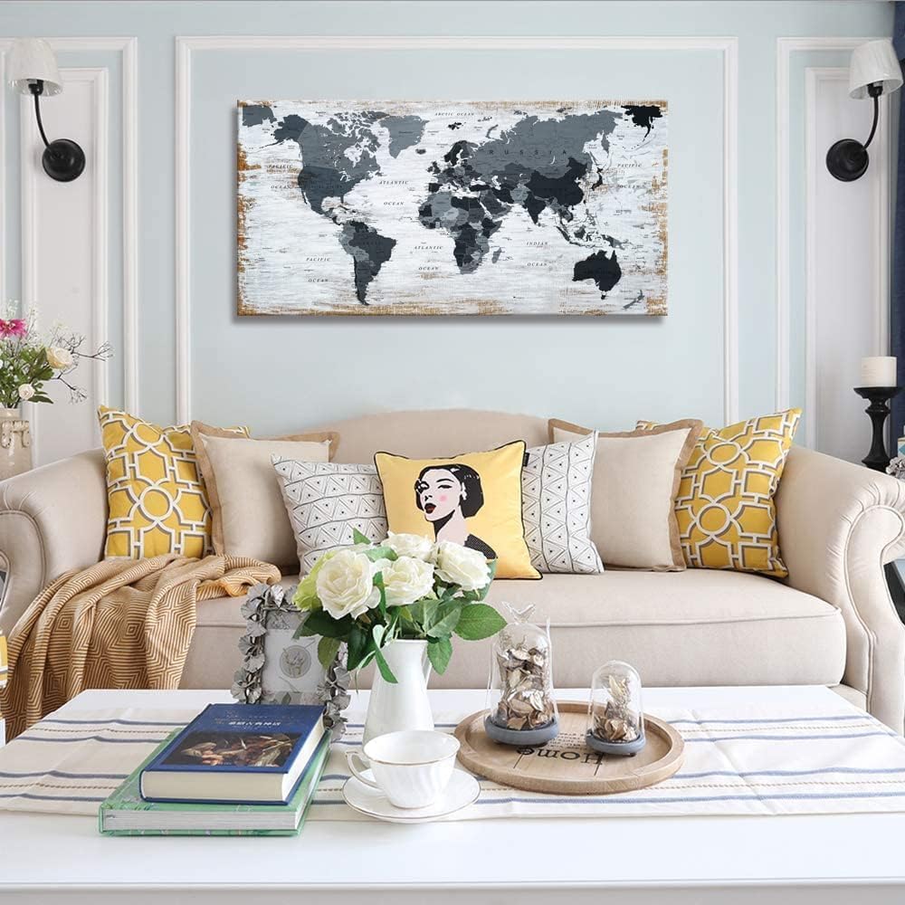 lagre size 36inchx71inch world map Canvas Wall Art Black Wall Decor Office Map of the world Pictures for Living Room Decoration Map Picture Framed Artwork for Home Bedroom Decoration