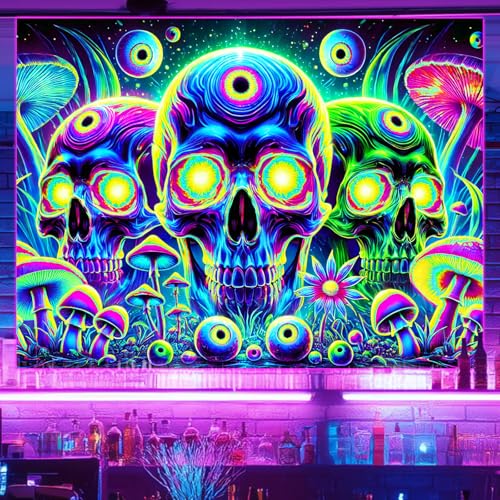 Blacklight Tapestry Skull Meditation Neon Decor 78 x 59 Inch