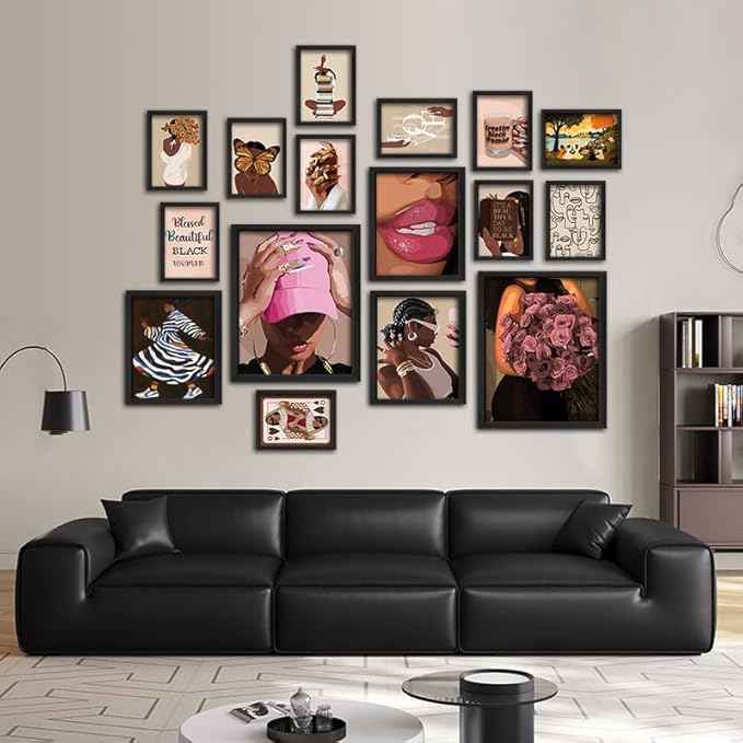 ANERZA 16 PCS Framed Black Girl Wall Art Decor, African American Wall Prints for Bedroom, Black Woman Gallery Wall Frame Set, Black People Posters for Living Room Aesthetic, Collage Kit, Dorm Artwork