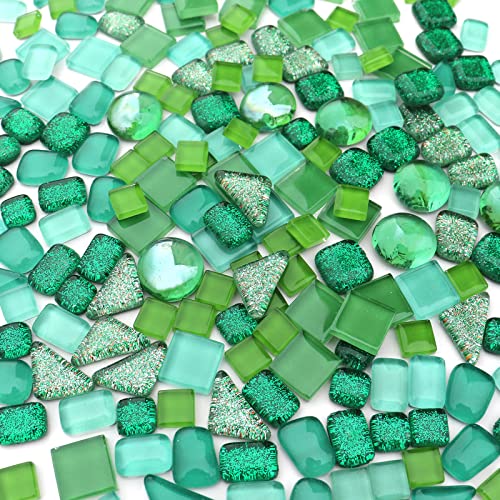 1.1LB Green Mixed Irregular Crystal Glass Mosaic Tiles for Crafts (17.6 Ounce)