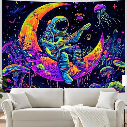 Blacklight Space Astronaut Tapestry UV Reactive Galaxy Planet Glow in Dark Tapestries Black Light Poster Neon Wall Hanging Art for bedroom Living Room
