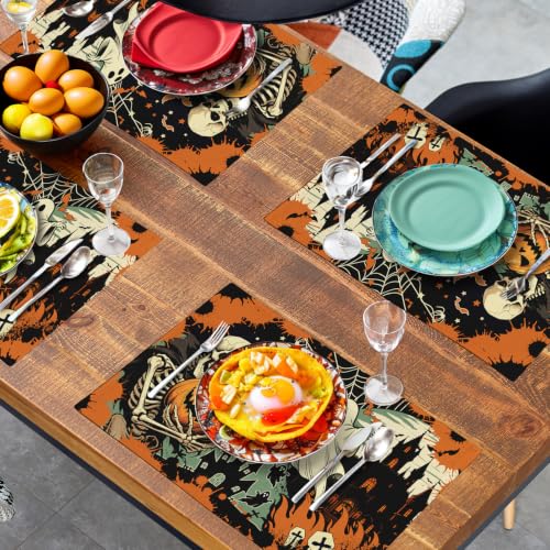 Halloween Skeleton Ghost Placemats Set of 4 12x18 Inch Spooky Pumpkin Bat Table Mats Vintage Rustic Farmhouse Place Mats for Party Kitchen Dining Decor (4 Count)