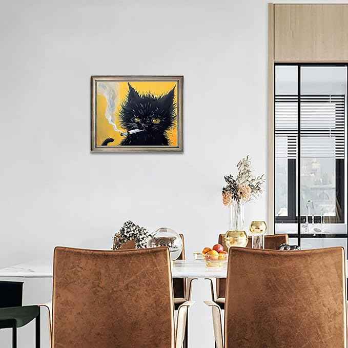 Vintage Framed Wall Decor Black Cat Painting Cat Portrait Wall Art Canvas Print Poster for Mens Room Bathroom Decor