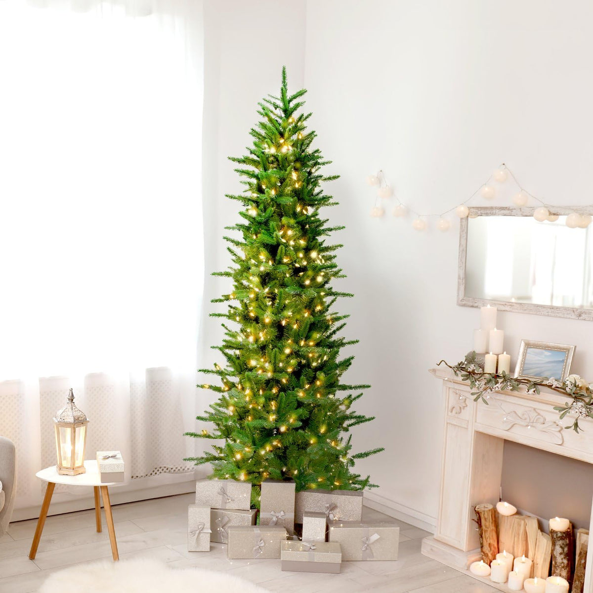 7.5 Ft. Carmel Pine Slim Artificial Christmas Tree with Warm White LED Lights and Stand