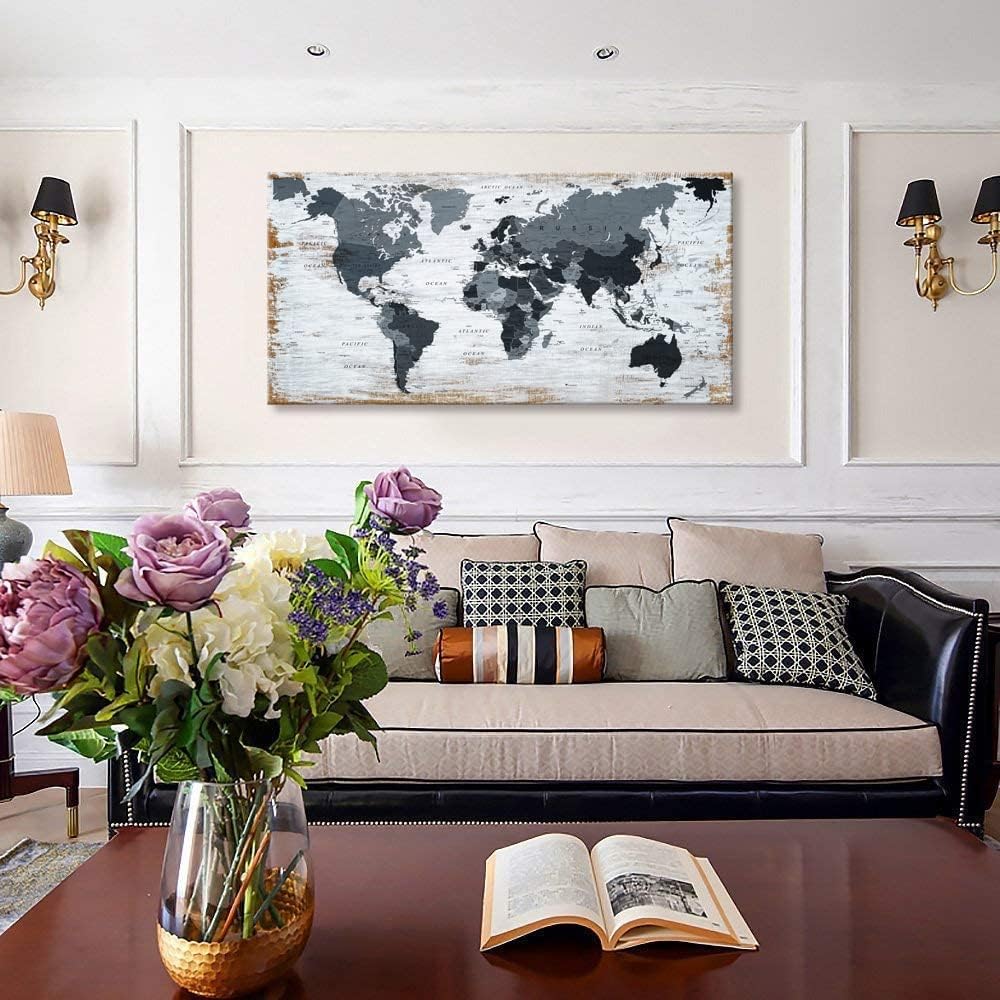 world map Canvas Wall Art Black Wall Decor Office Map of the world Pictures for Living Room Decoration Map Picture Framed Artwork for Home Bedroom Decoration 20"x40"
