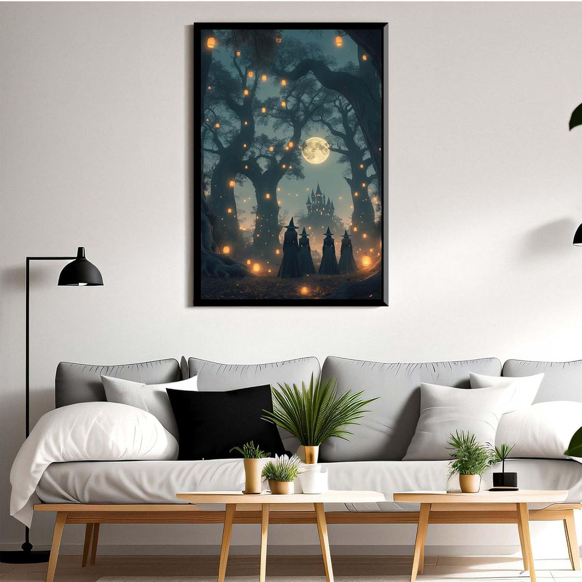 JFHCQJPK Mysterious creek painting witch and castle in magic forest art print canvas gothic print dark college decoration poster for home bedroom16x24in Metal blackFramed