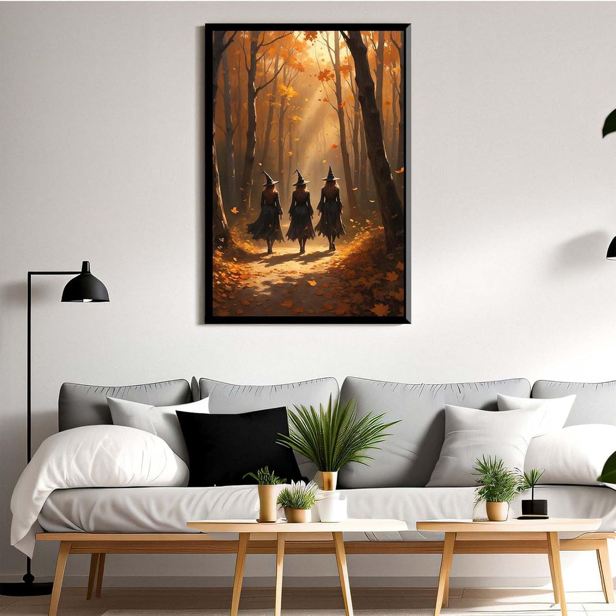 JFHCQJPK Three witches walking in the forest in autumn canvas painting gothic poster halloween print country witch wall art for home decoration8x12in Metal blackFramed