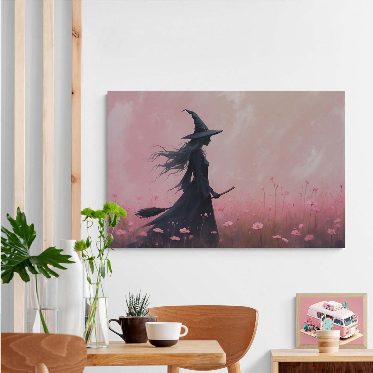 Witch in the pink sea of flowers Halloween prints weird flowers wall art silhouette painting fashionable romantic decoration suitable for bedroom24x36in Wood Framed