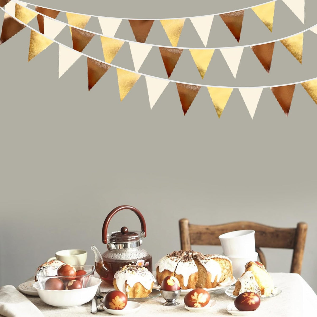 Brown Beige and Gold Party Decorations Fabric Triangle Pennant Banner Flag Bunting Garland for Boho Neutral Rustic Cowboy Western Teddy Bear Birthday Baby Shower Graduation Engagement Party Supplies - HavenBliss Decor