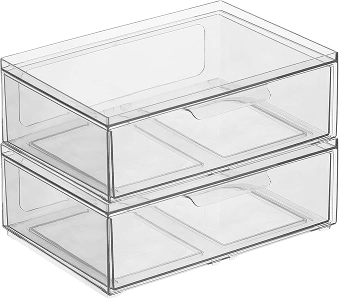 mDesign Plastic Wide Stackable Closet Storage Organizer Bin Containers with Front Pull Drawer for Cabinet, Desk, Shelf, Cupboard, or Dresser Organization, Lumiere Collection, 2 Pack - Clear