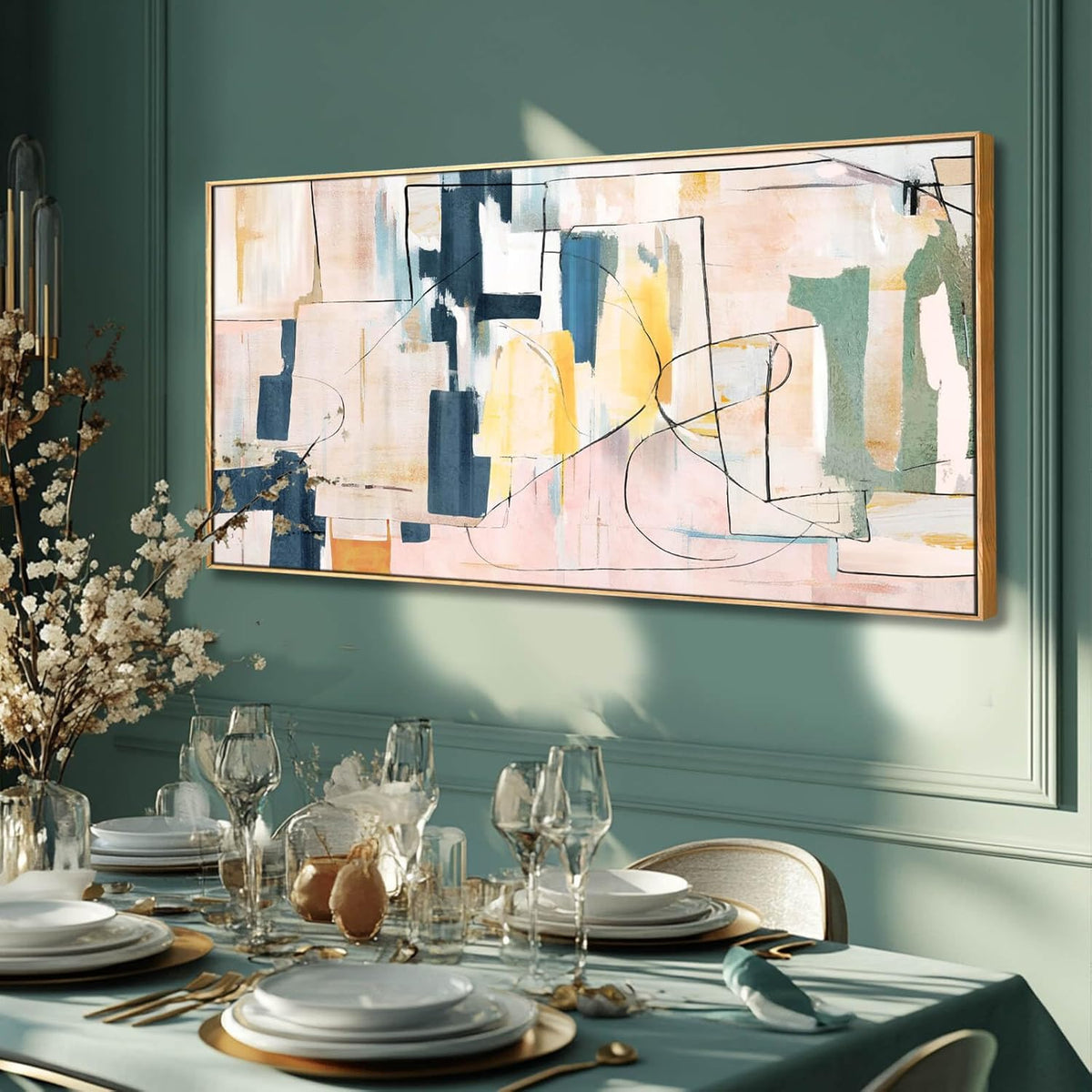 Large Abstract Canvas Wall Art Pink Painting Yellow Bedroom Decor Navy Art Photo Prints Minimalist Pictures Poster Artwork 20"x40"