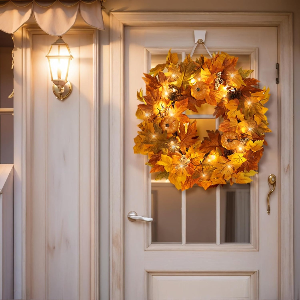 Fall Wreaths for Front Door Outside Autumn Wreath with Lights Berries Pine Cones Fall Decorations for Home Decor Pumpkin Wreath for Farmhouse Holiday Thanksgiving Harvest Halloween Outdoor