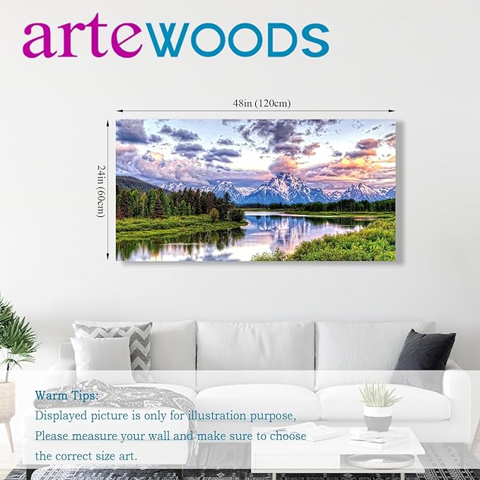 Landscape Canvas Wall Art Nature Picture Oxbow Bend Grand Teton National Park Modern Canvas Artwork River and Forest Contemporary Wall Art Large Size for Home Office Decoration 24" x 48"