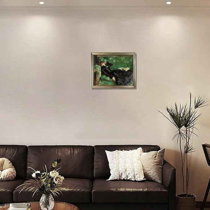 Framed Vintage Woman Reading Book Canvas Wall Art Moody Black and Green Oil Painting Living Room Bedroom Decor Home Artwork
