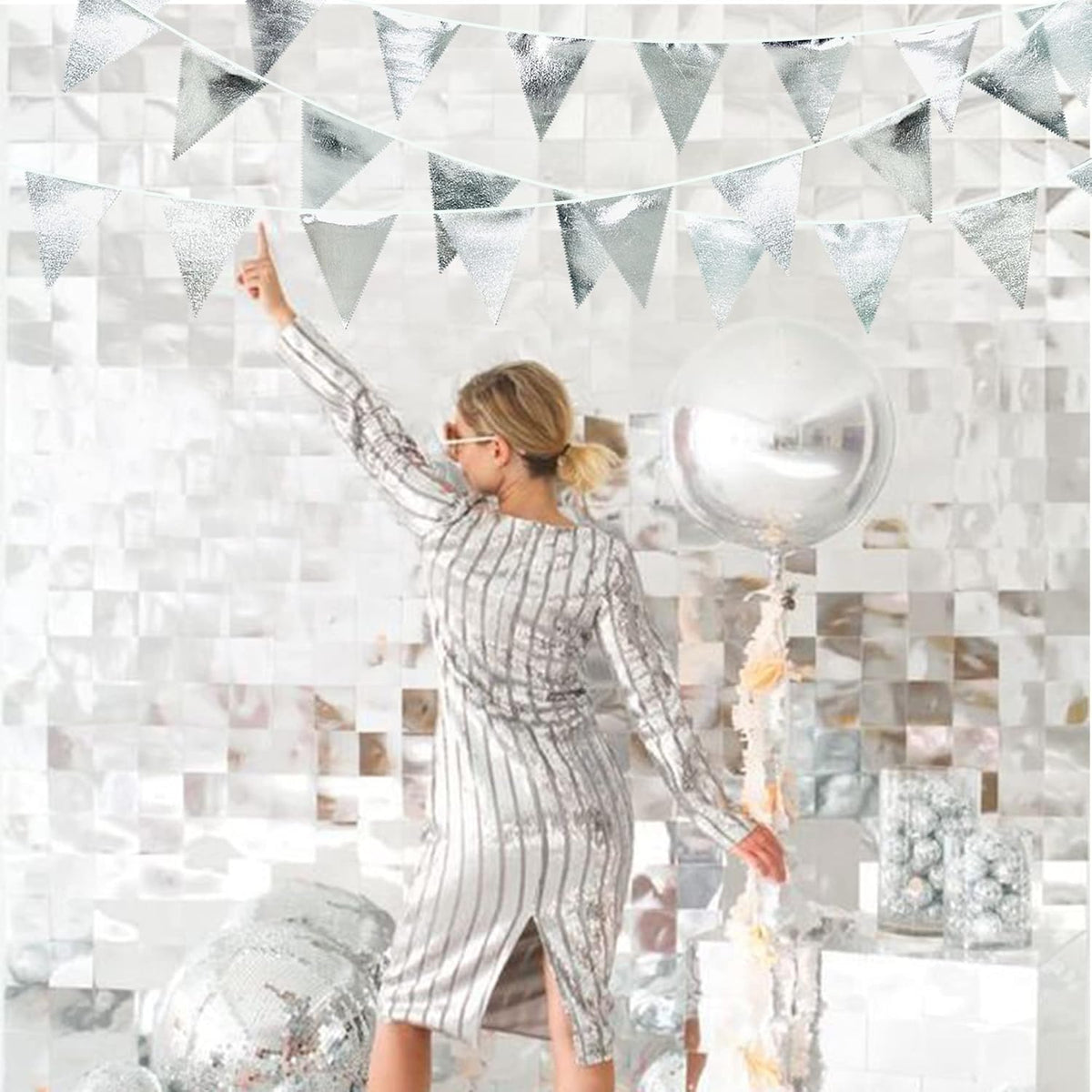 Silver Party Decorations Metallic Fabric Triangle Pennant Banner Silver Flag Bunting Garland for Graduation Birthday Wedding Bridal Shower Anniversary Engagement Bachelorette Party Decoration Supplies - HavenBliss Decor