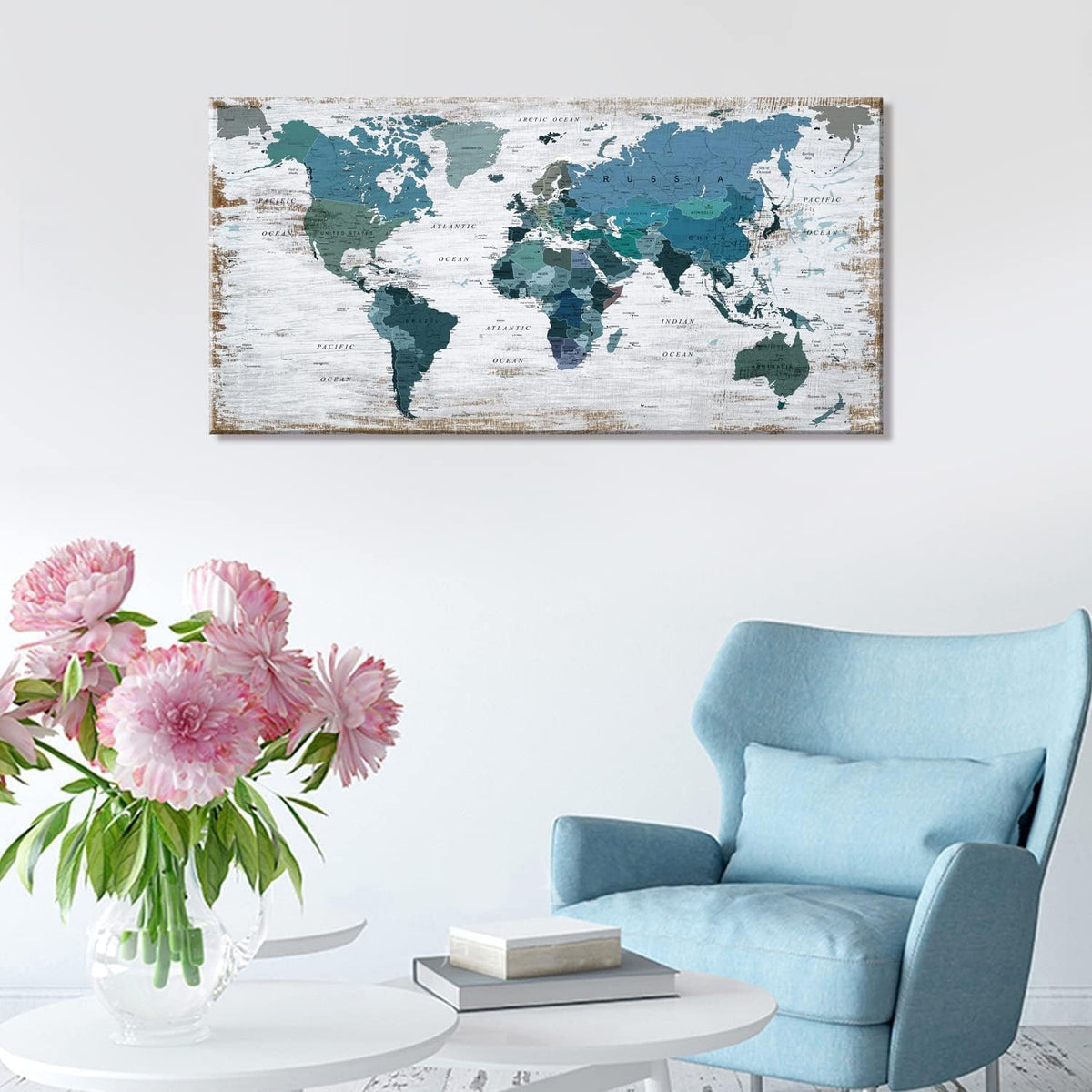 lagre Teal Decor 36inchx71inch World Map Canvas Wall Art Pictures for Living Room Decoration Blue Wall Decor Office World Map Art Map of the world Picture Framed Artwork for Home Bedroom Decoration