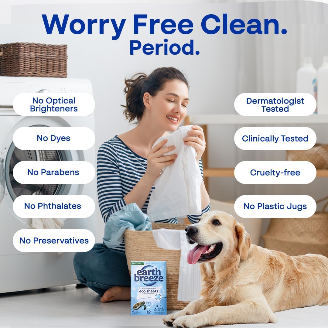 Earth Breeze Laundry Detergent Sheets Fresh Scent - 180 Loads Eco Liquidless Soap - Travel-Friendly for Hot & Cold Cycles, Tackles Tough Stains & Odors - Gentle on Skin, 90 Ct (3 Pack) - HavenBliss Decor