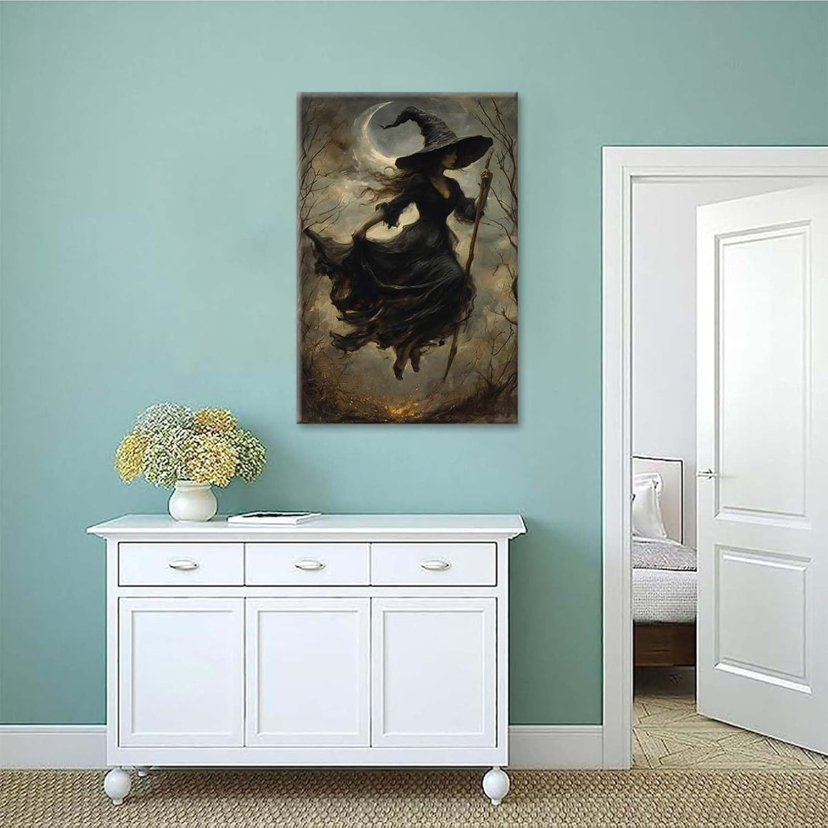 Witch in the Forest Halloween Print Wall Art Poster Witch Decor Vintage Print Dark College Wall Art Victorian Gothic Room Decor Canvas Wall Print8x12in Wood Framed