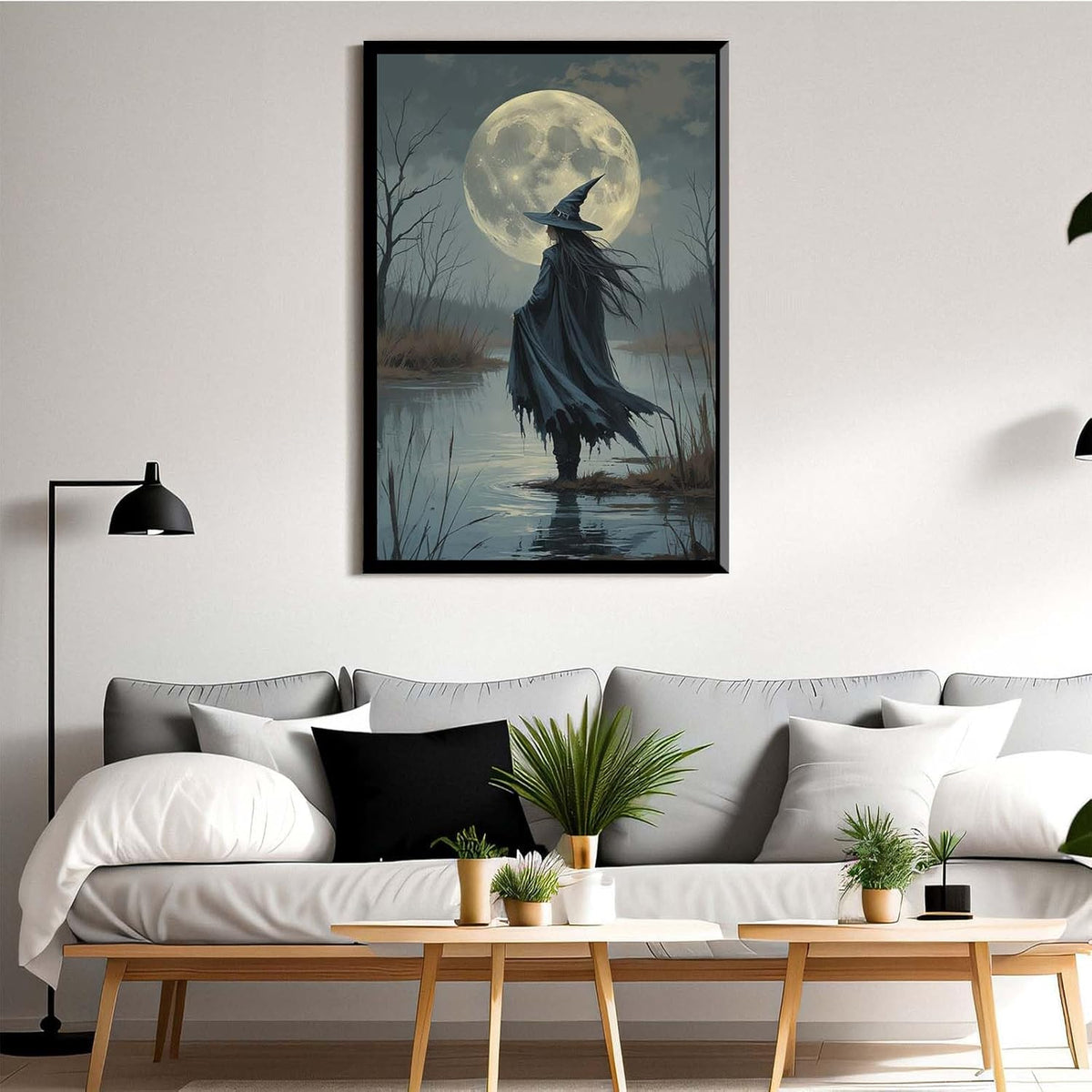 JFHCQJPK Witch in the moonlight magic canvas wall art enchanting Halloween home decor swamp witch silhouette oil painting mysterious gothic aesthetic wall decor print poster12x16in Metal blackFramed