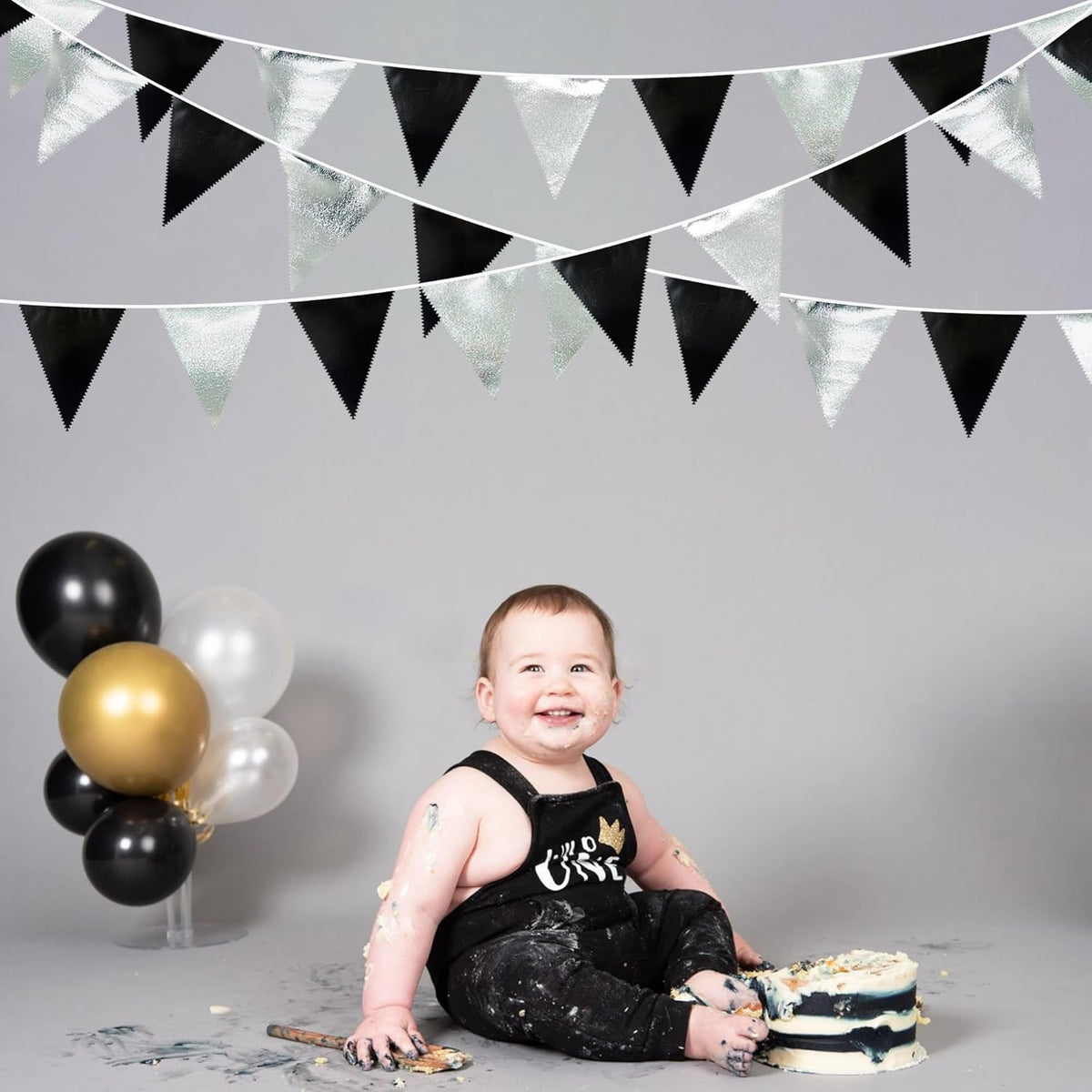 Black and Silver Party Decorations Triangle Pennant Banner Flag Metallic Fabric Bunting Garland for Birthday Graduation Retirement Wedding Bachelorette Bridal Shower Engagement Disco Party Supplies - HavenBliss Decor